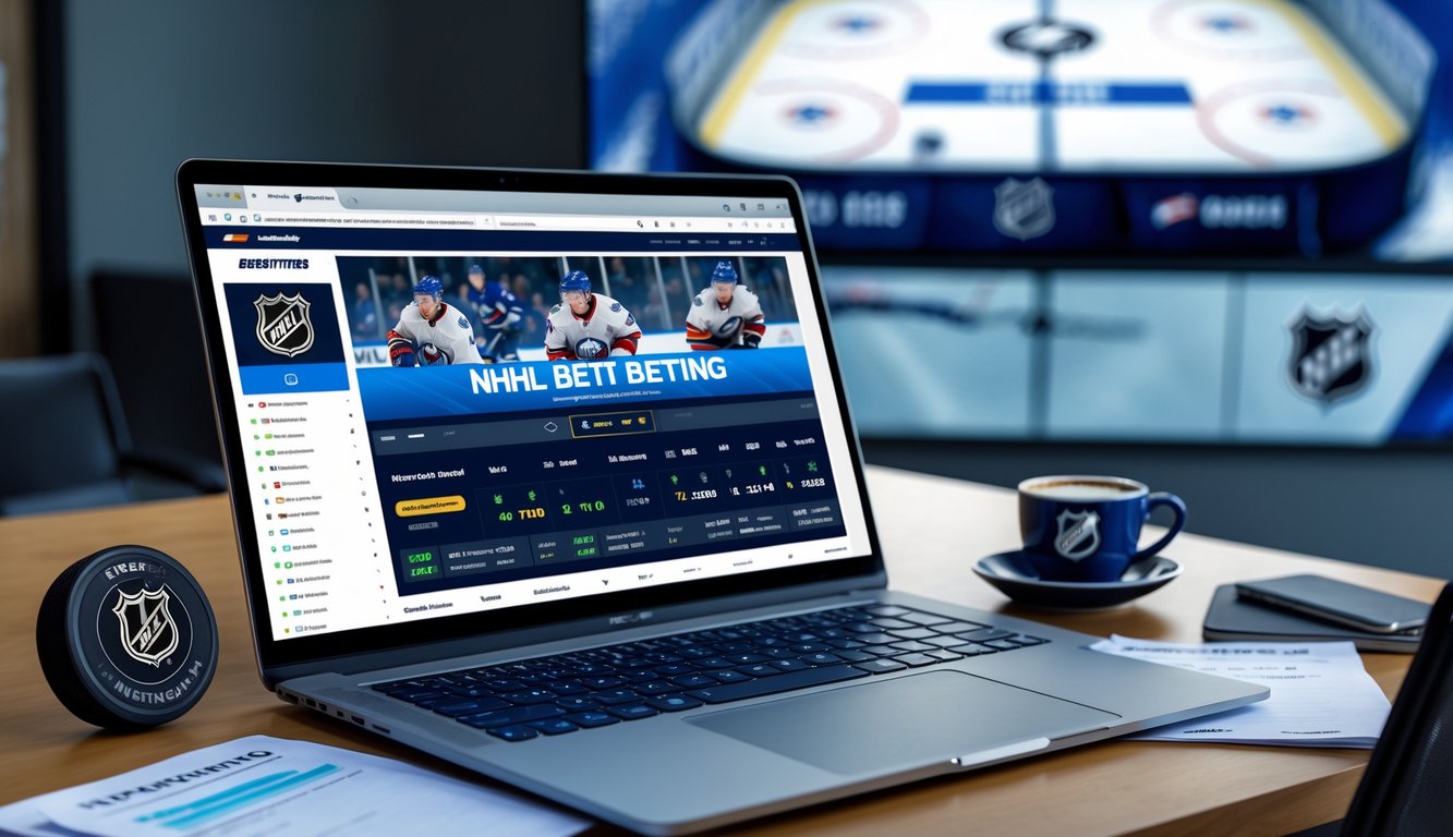 Sebuah meja kerja dengan laptop yang menampilkan situs taruhan NHL online, dikelilingi catatan, ponsel dengan pembaruan pertandingan, dan memorabilia hoki.
