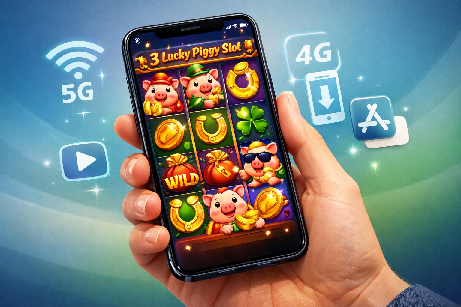 A Hand Holding A Smartphone Displaying A Colorful Slot Game With Three Piggy Characters And Gold Coins, Surrounded By Icons Representing Mobile Connectivity.