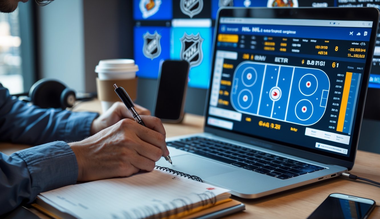 Seseorang sedang menganalisis statistik tim NHL di depan laptop dengan layar yang menampilkan data dan grafik hoki di ruang kerja modern.