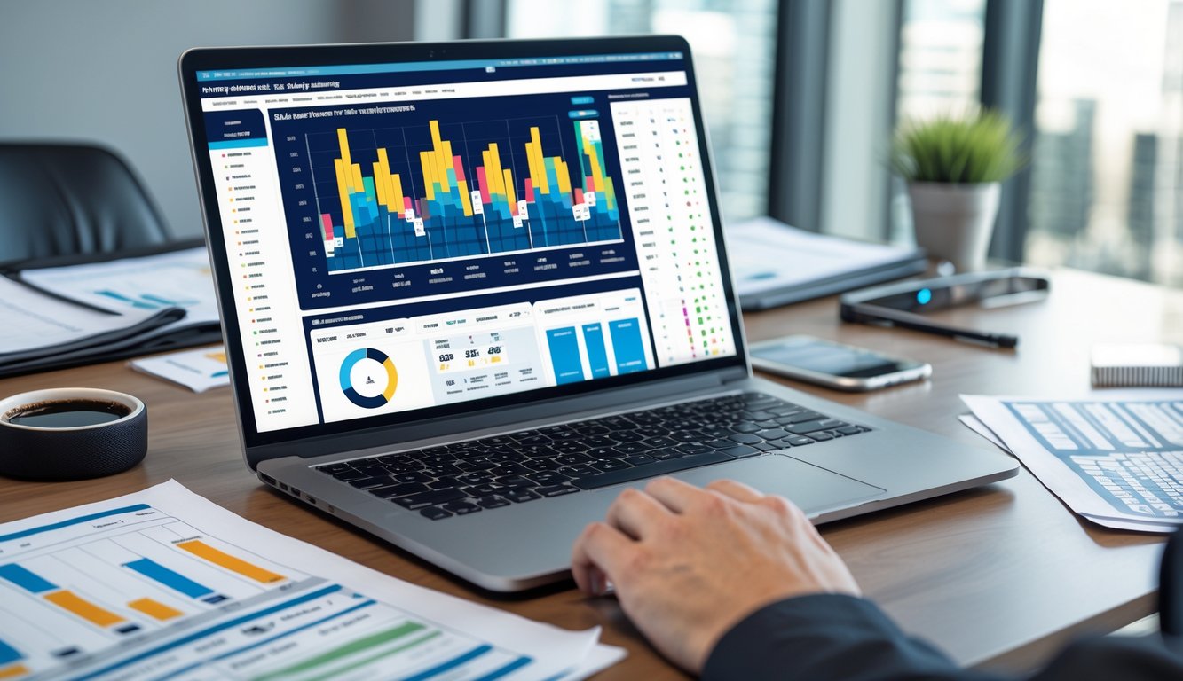 Meja kerja dengan laptop yang menampilkan grafik statistik tim NHL, smartphone dengan aplikasi taruhan olahraga, dan alat tulis di ruang kantor yang terang.