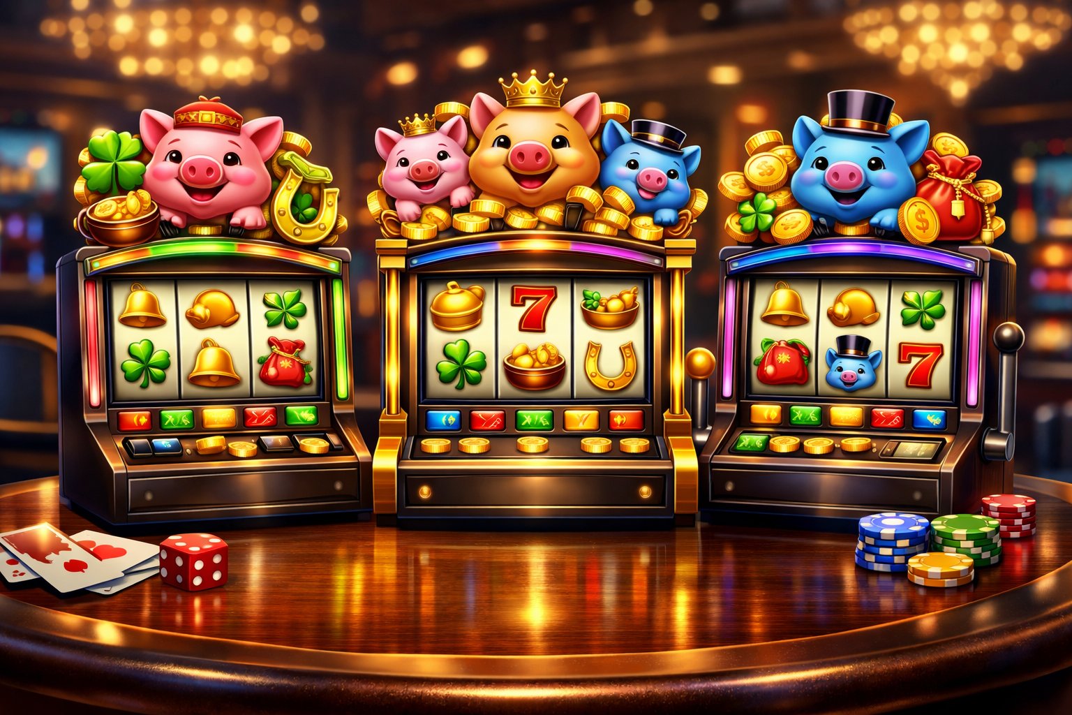 A Casino Table With Three Colorful Slot Machines Featuring Piggy Bank Characters And Lucky Symbols Like Coins And FourLeaf Clovers.