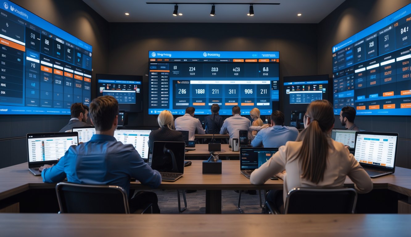 Beberapa orang sedang menggunakan perangkat elektronik untuk memasang taruhan langsung pada pertandingan NHL di sebuah ruangan modern.