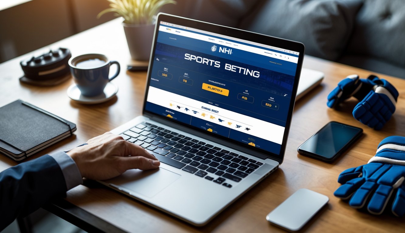 Seorang pria menggunakan laptop di meja dengan perlengkapan hoki di sampingnya, menunjukkan suasana taruhan olahraga online NHL.