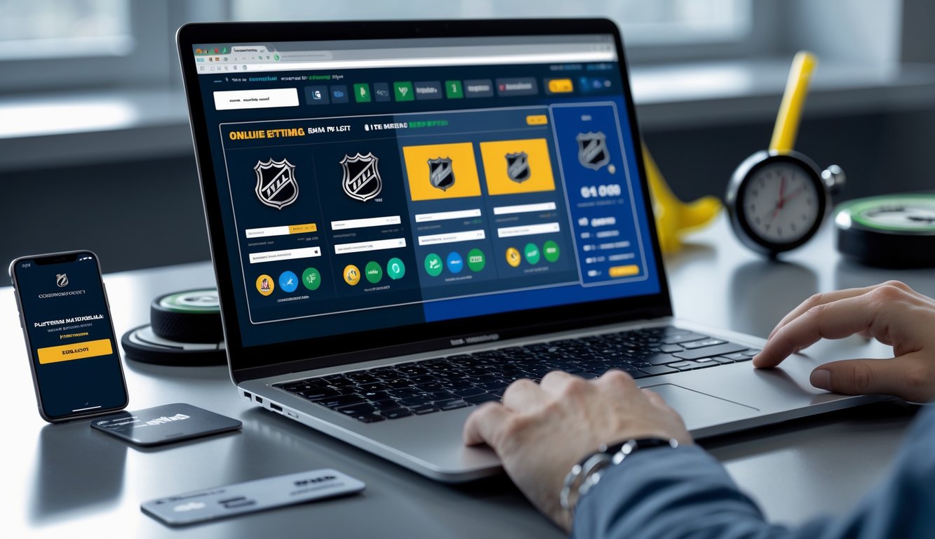 Seorang pria menggunakan laptop di meja kerja dengan layar yang menampilkan situs taruhan NHL online dan elemen yang menunjukkan pembayaran cepat.