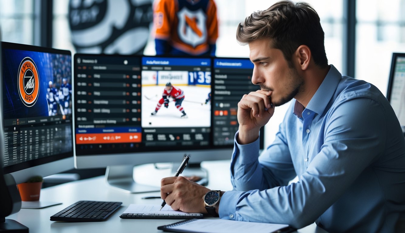 Seorang analis olahraga yang fokus bekerja di depan komputer dengan data pertandingan hoki es NHL dan peluang taruhan online.