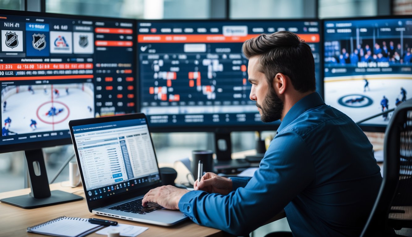Seorang analis olahraga fokus bekerja dengan laptop dan beberapa monitor yang menampilkan statistik dan pertandingan hoki di kantor modern.