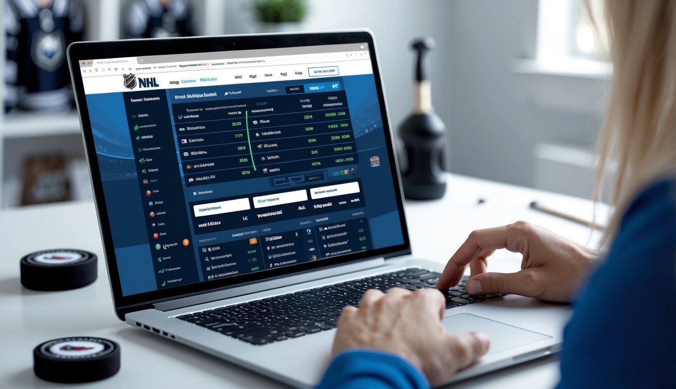 Seseorang menggunakan laptop untuk memasang taruhan NHL online dengan berbagai pilihan pasar taruhan yang lengkap di layar komputer.