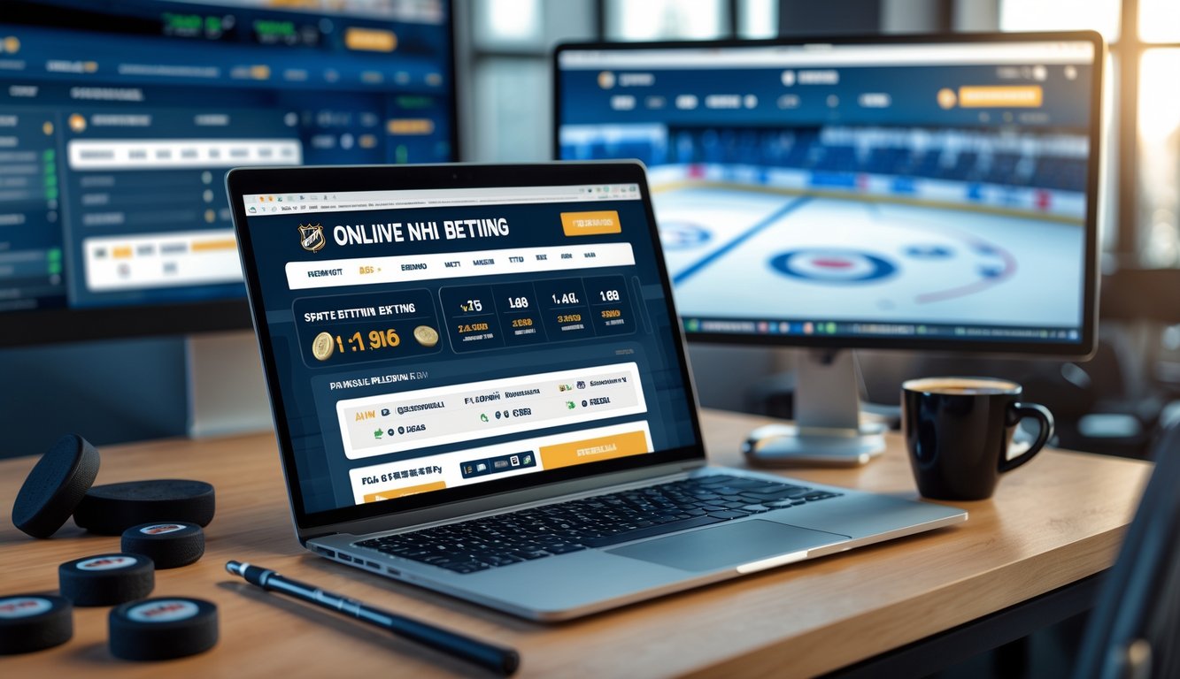 Seorang pria duduk di depan laptop dengan situs taruhan NHL terbuka, dikelilingi oleh memorabilia hoki di meja kerja.