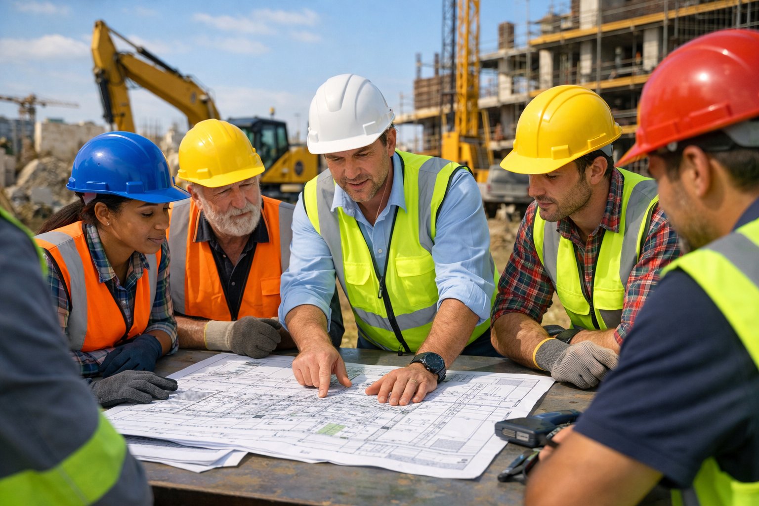 Des ouvriers du bâtiment et un responsable de la sécurité en réunion sur un chantier, examinant des plans de sécurité avec des équipements de protection.
