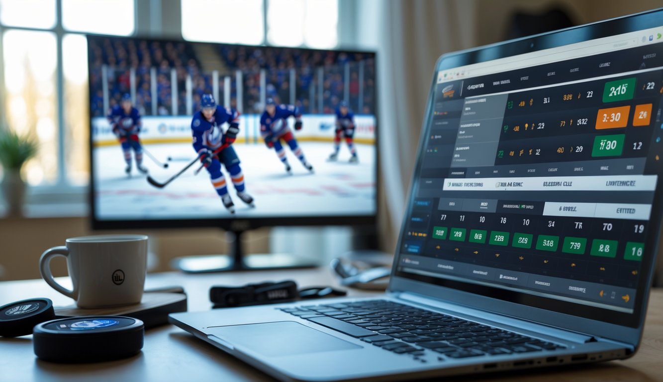 Seorang pengguna laptop di meja kerja dengan layar menampilkan skor dan peluang taruhan NHL, di dekatnya terdapat puck hoki dan tongkat hoki kecil, serta televisi menayangkan pertandingan hoki es.