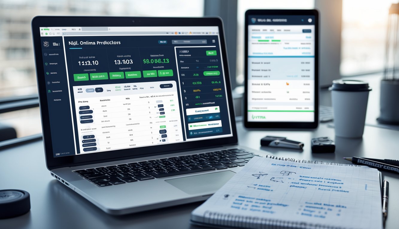 Meja kerja dengan laptop, ponsel, dan catatan yang menampilkan statistik hoki dan aplikasi taruhan NHL.