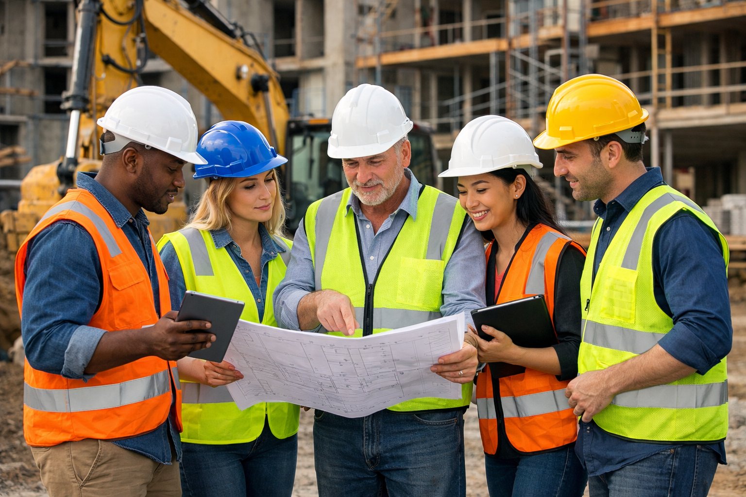 Un groupe diversifié de professionnels de la construction en discussion sur un chantier, portant des casques et des gilets de sécurité, avec des plans et des tablettes numériques.