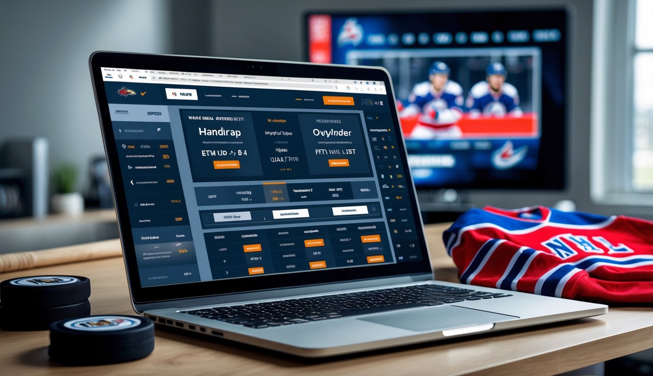 Seorang pria menggunakan laptop dengan tampilan taruhan NHL online, dikelilingi oleh perlengkapan hoki di meja kerja.