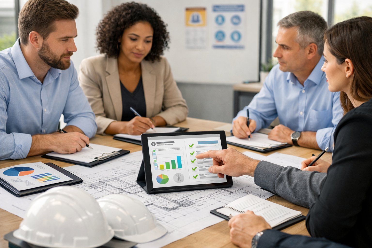 Des professionnels en réunion autour d'une table examinant des documents et des tablettes liés à un plan de sécurité et de protection de la santé.