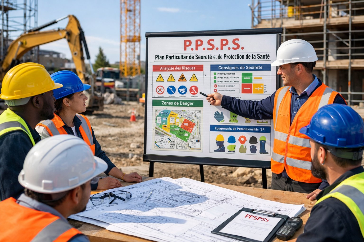 Réunion de travailleurs du bâtiment en tenue de sécurité autour d'un plan de sécurité sur un chantier en activité.