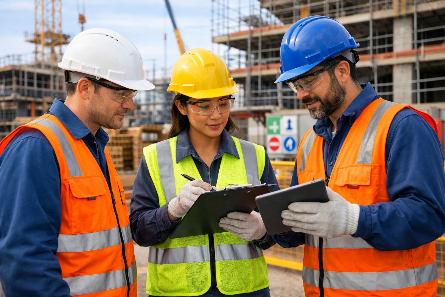 Des ouvriers sur un chantier portant des équipements de protection, en train de discuter des mesures de sécurité.