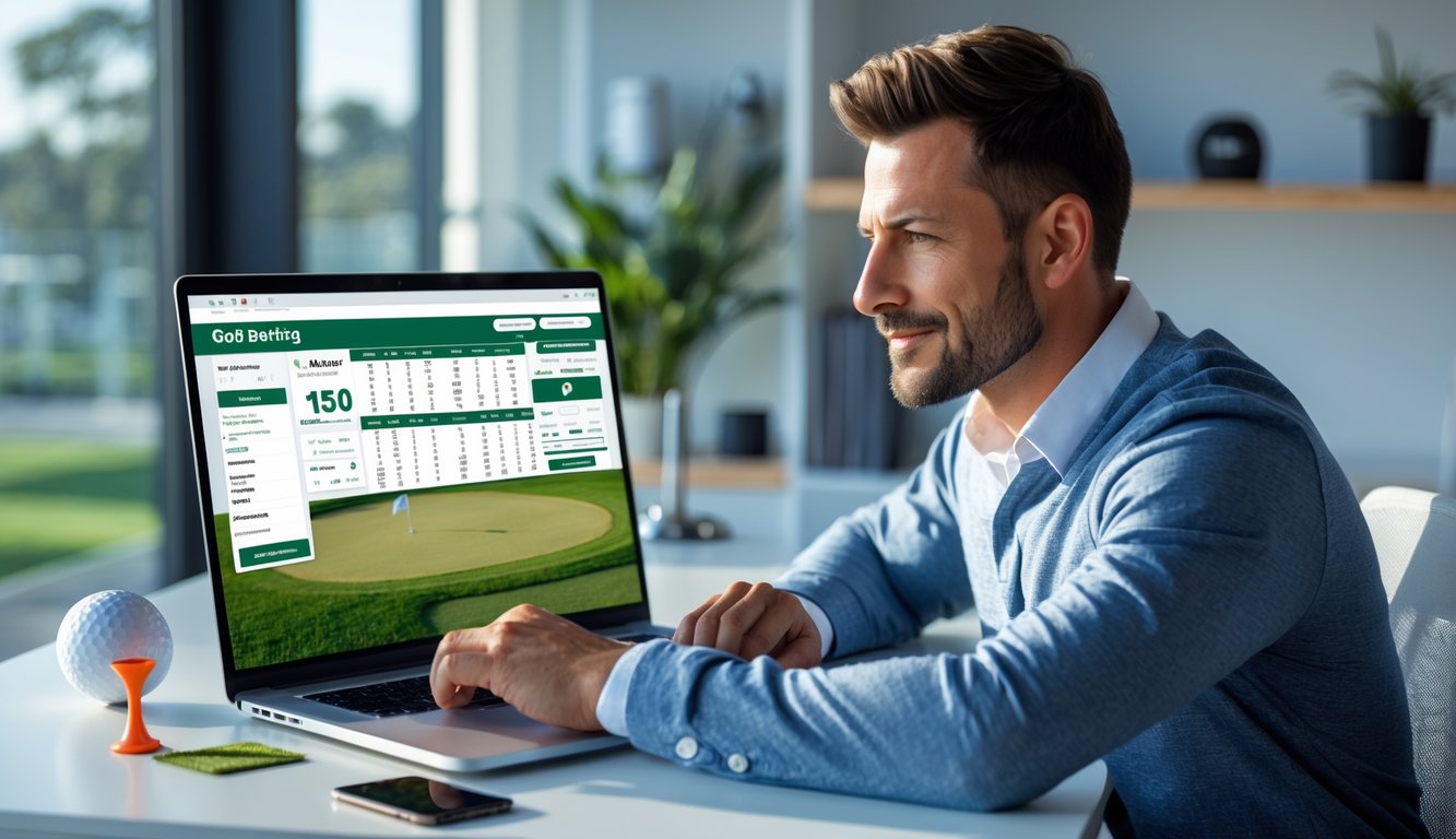 Seorang pria percaya diri duduk di meja modern menggunakan laptop dengan tampilan situs taruhan golf online, di meja terdapat bola golf dan bendera kecil golf.