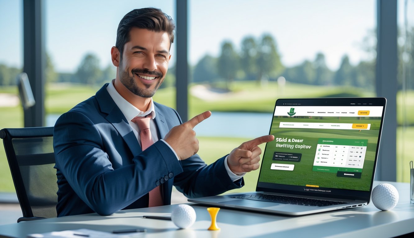 Seorang pria percaya diri duduk di meja dengan laptop yang menampilkan situs taruhan golf online, dengan latar belakang lapangan golf terlihat melalui jendela.