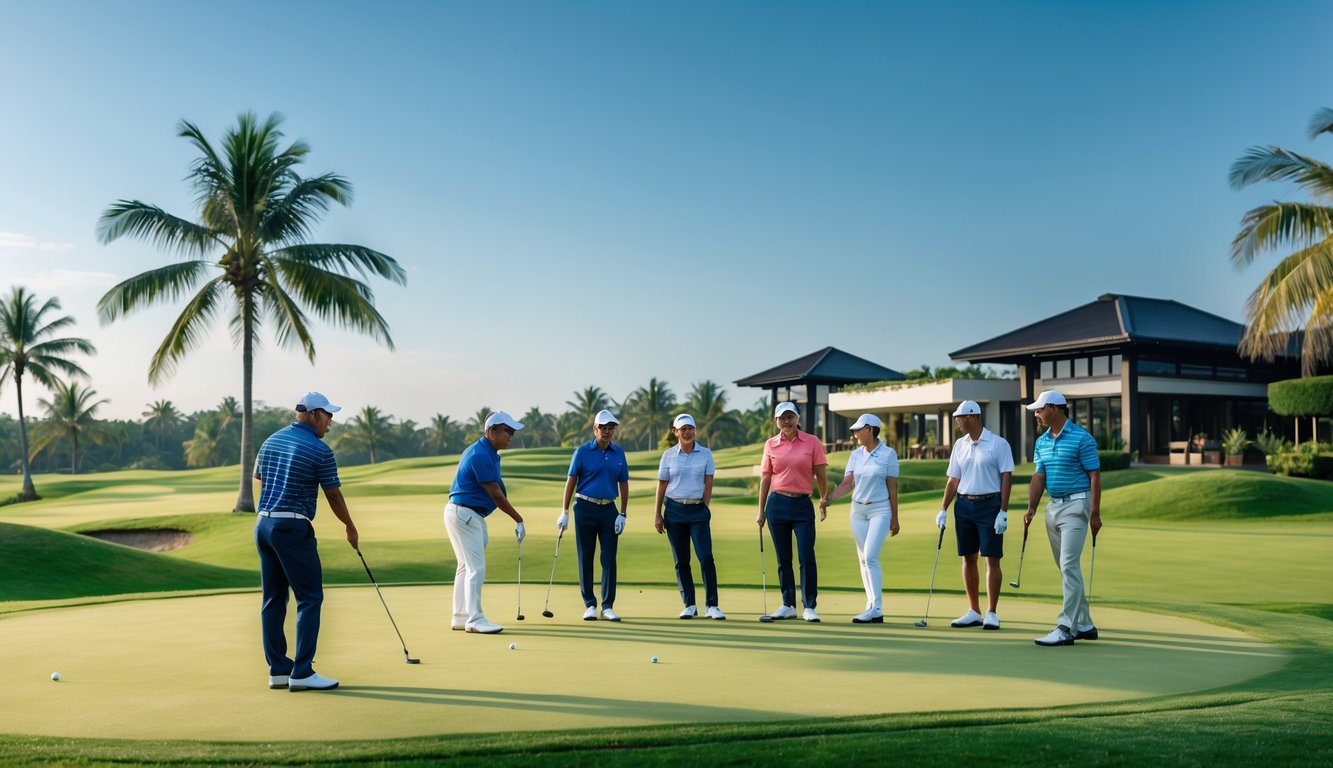 Orang-orang bermain golf di lapangan golf yang hijau dan terawat dengan latar belakang pepohonan dan bangunan klub golf.