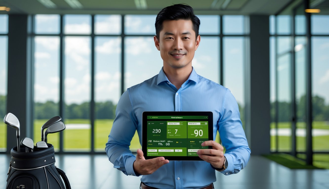 Seorang pria Asia mengenakan pakaian kasual rapi sedang memegang tablet dengan latar belakang kantor modern dan elemen golf.