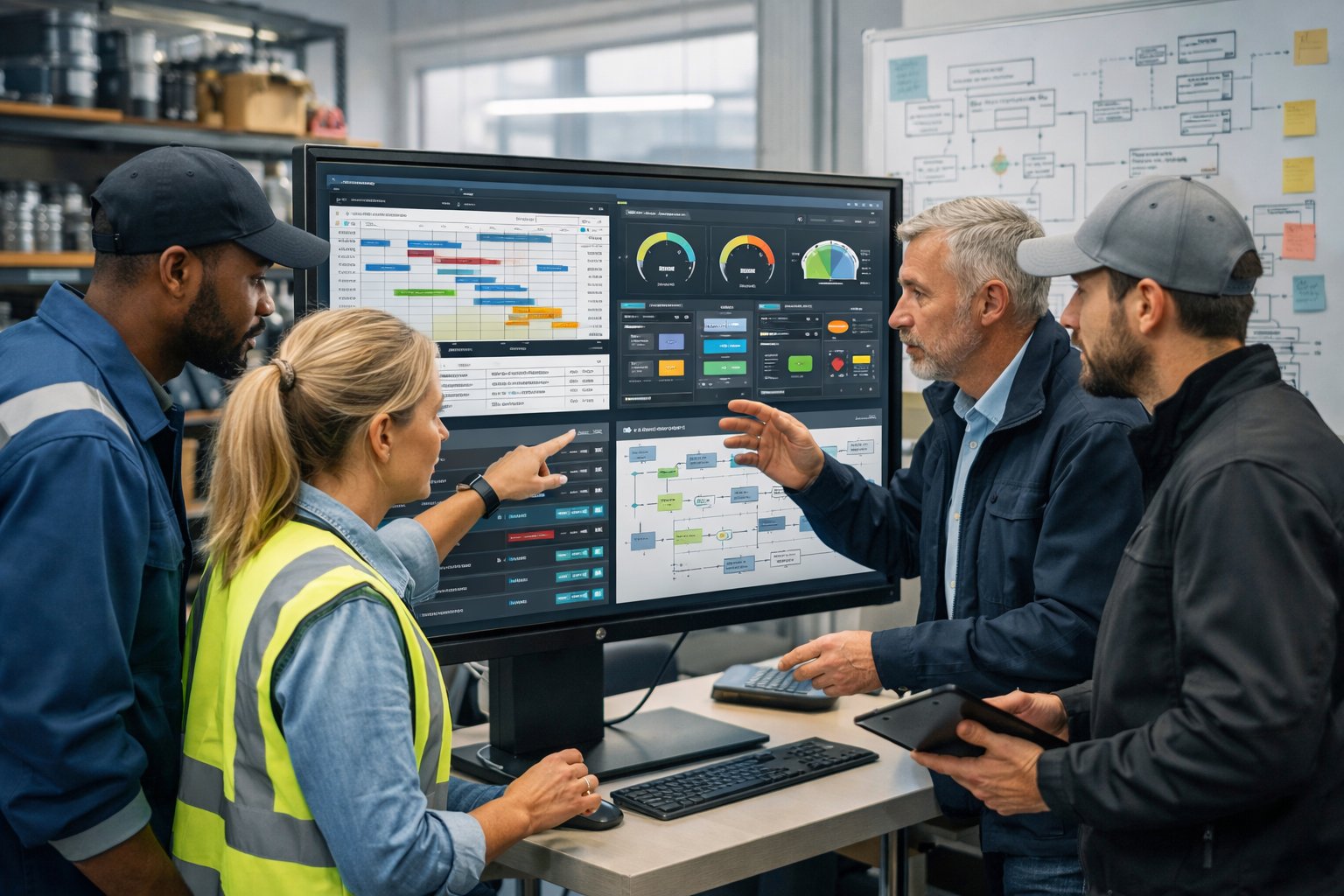 Une équipe de professionnels de la maintenance travaillant ensemble autour d'un écran tactile dans un bureau moderne avec des outils industriels en arrière-plan.
