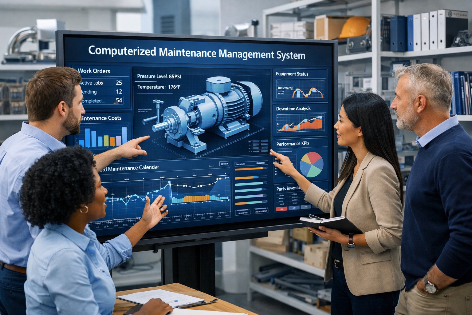 Une équipe de professionnels collaborant autour d'un écran tactile affichant des données de maintenance dans un bureau moderne.