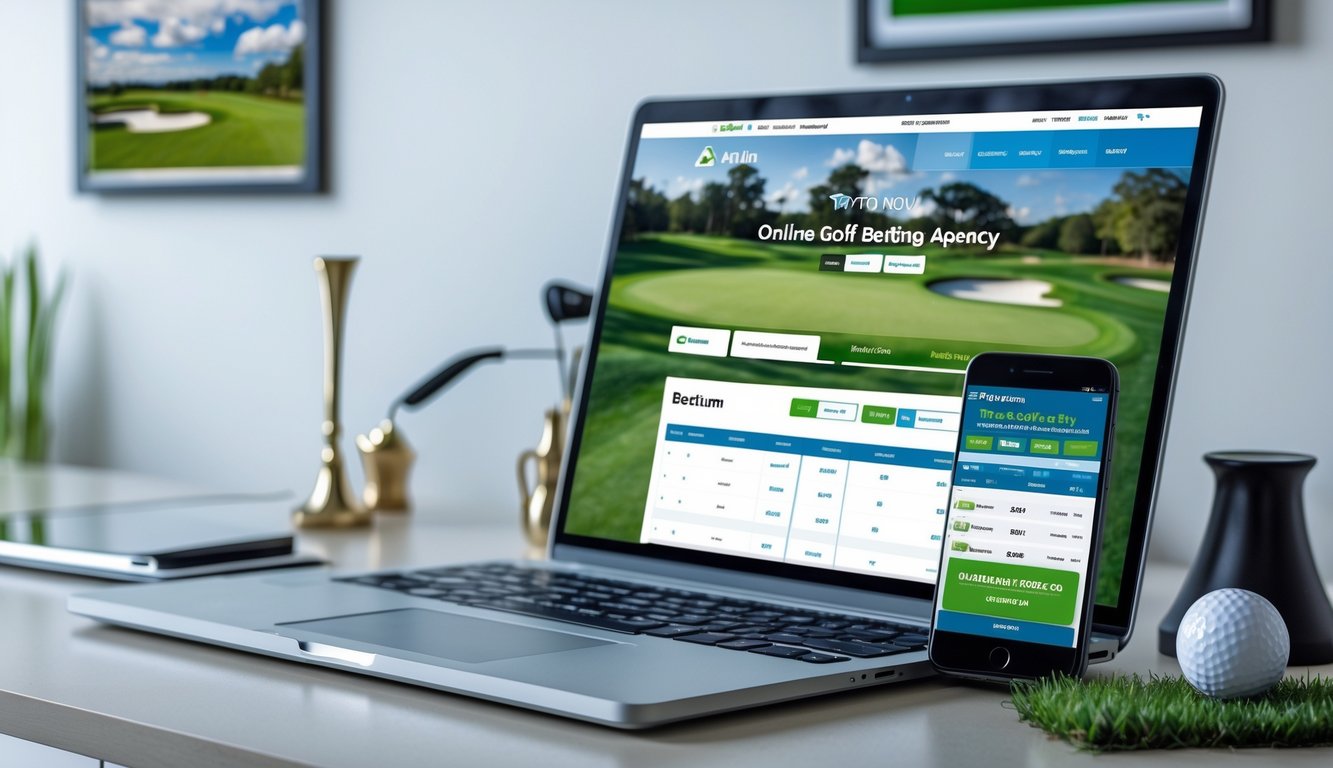 Meja kerja dengan laptop dan ponsel yang menampilkan situs taruhan golf online, dengan bola golf dan trofi kecil di atas meja.