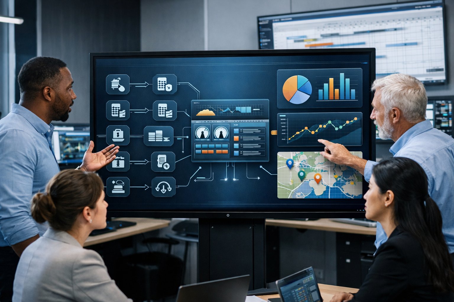 Des professionnels collaborant autour d'un écran tactile affichant des flux de travail et des données de maintenance dans un bureau moderne.