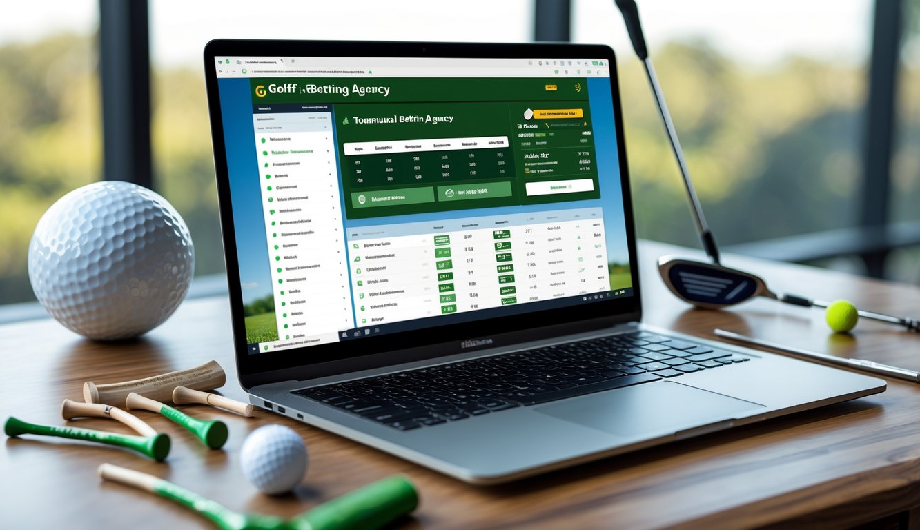 Sebuah meja kerja dengan laptop yang menampilkan situs taruhan golf online, dikelilingi bola golf, tee golf, dan stik golf.
