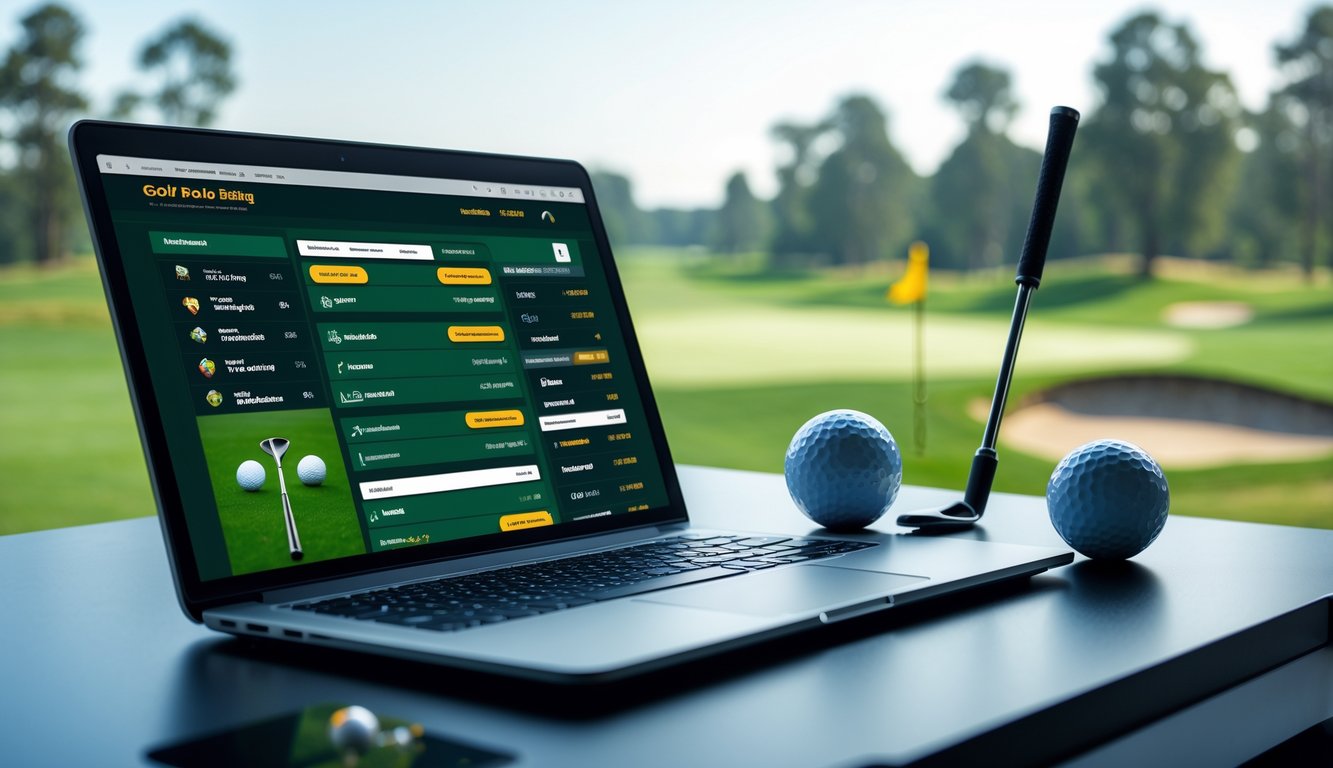 Meja kerja dengan laptop yang menampilkan situs taruhan golf online, dikelilingi bola golf dan stik golf dengan latar belakang lapangan golf.
