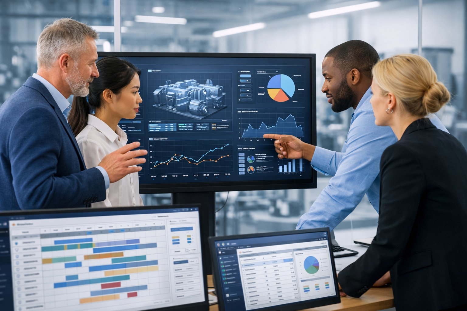 Des professionnels en réunion autour d'un écran tactile affichant des données de maintenance dans un bureau moderne avec des équipements industriels en arrière-plan.