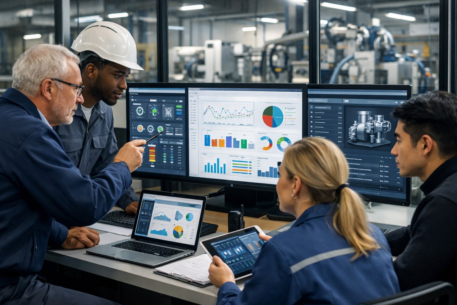Une équipe de techniciens et d'ingénieurs travaillant ensemble dans une salle de contrôle industrielle avec des écrans affichant des logiciels de gestion de maintenance.