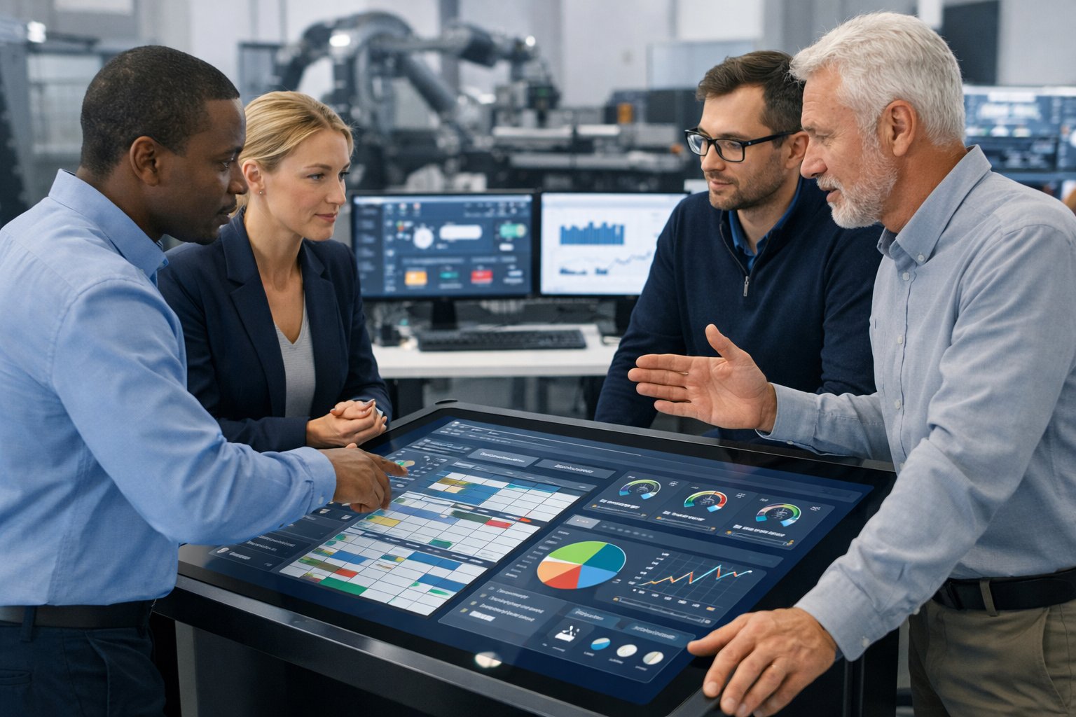Des ingénieurs et gestionnaires de maintenance collaborent autour d'un grand écran tactile affichant des données de maintenance dans un environnement industriel moderne.
