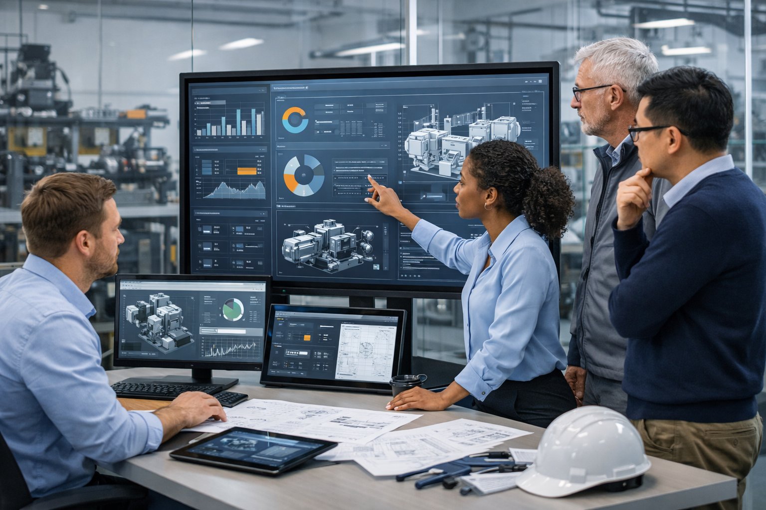 Des professionnels collaborant autour d'un écran tactile dans un bureau moderne avec des équipements industriels en arrière-plan.