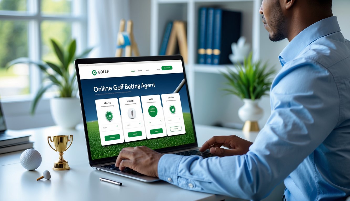 Seseorang sedang menggunakan laptop di meja dengan perlengkapan golf di sekitarnya, memilih agen taruhan golf online.