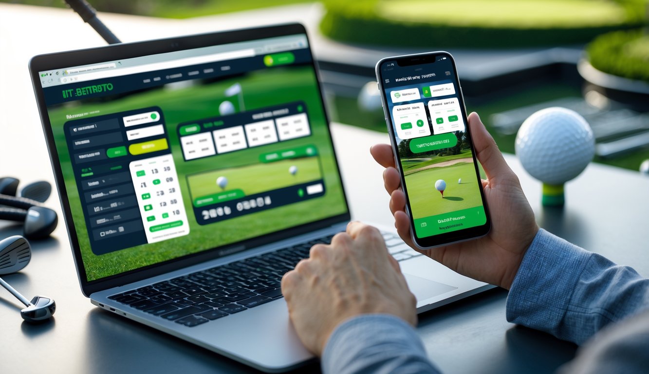 Seorang pria menggunakan laptop dan ponsel di meja dengan perlengkapan golf di latar belakang.