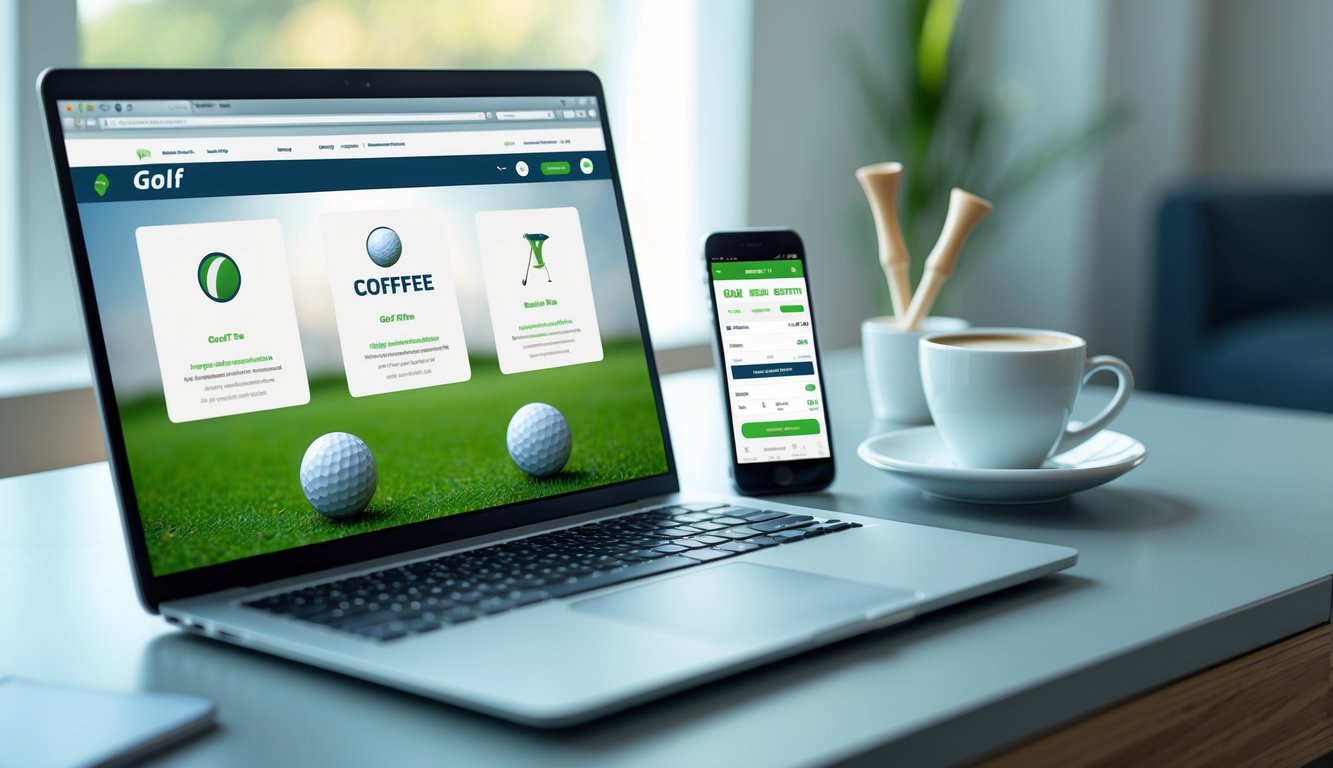 Seorang pria menggunakan laptop dan ponsel di meja dengan bola golf dan cangkir kopi di sampingnya.