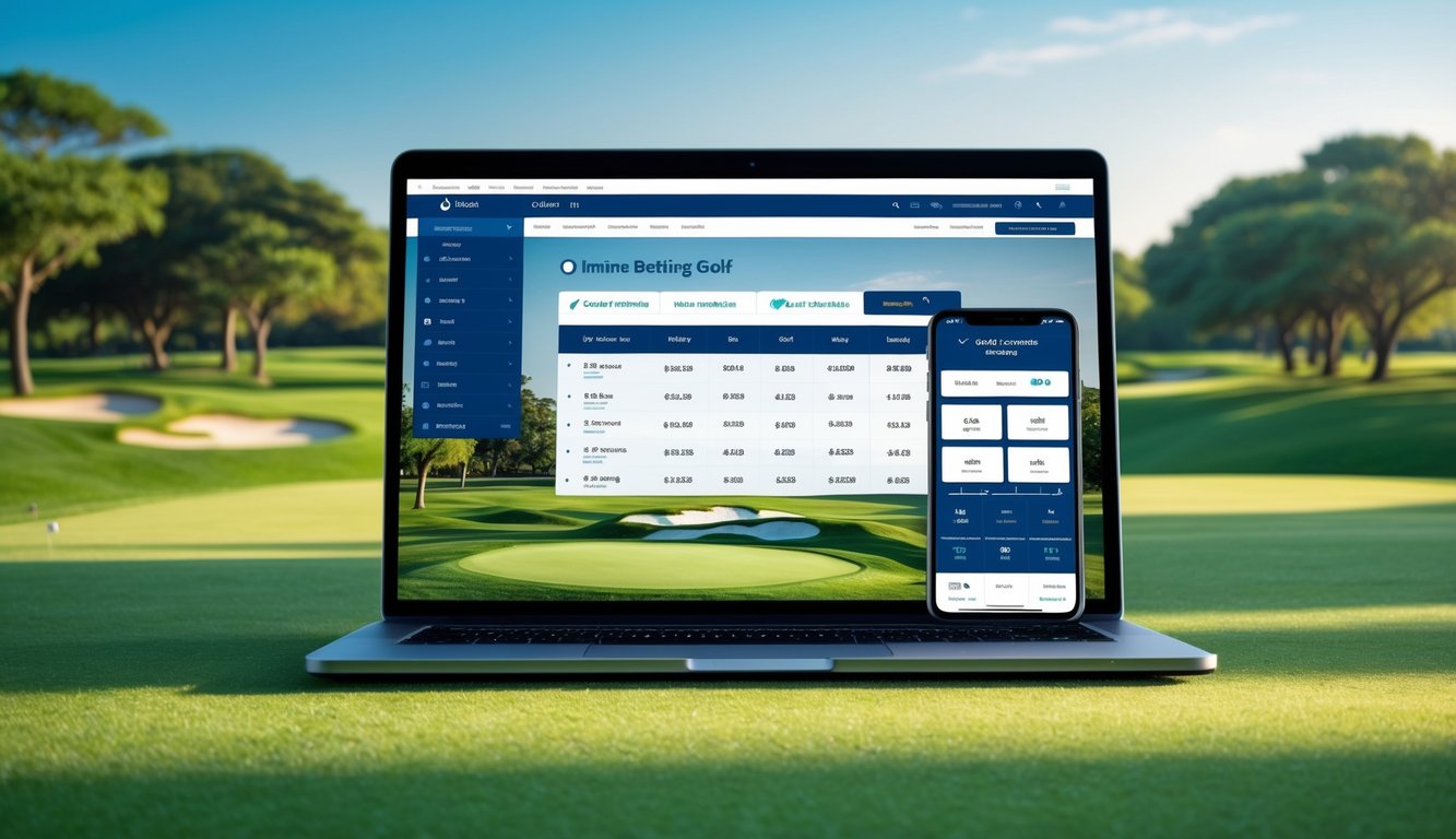 Pemandangan lapangan golf hijau dengan laptop dan ponsel yang menampilkan antarmuka taruhan golf online.