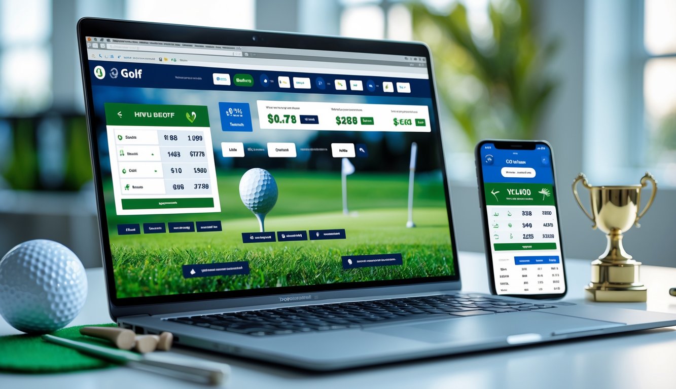 Meja kerja modern dengan laptop dan ponsel menampilkan grafik taruhan golf, dikelilingi bola golf, tee, dan trofi kecil di ruangan terang.