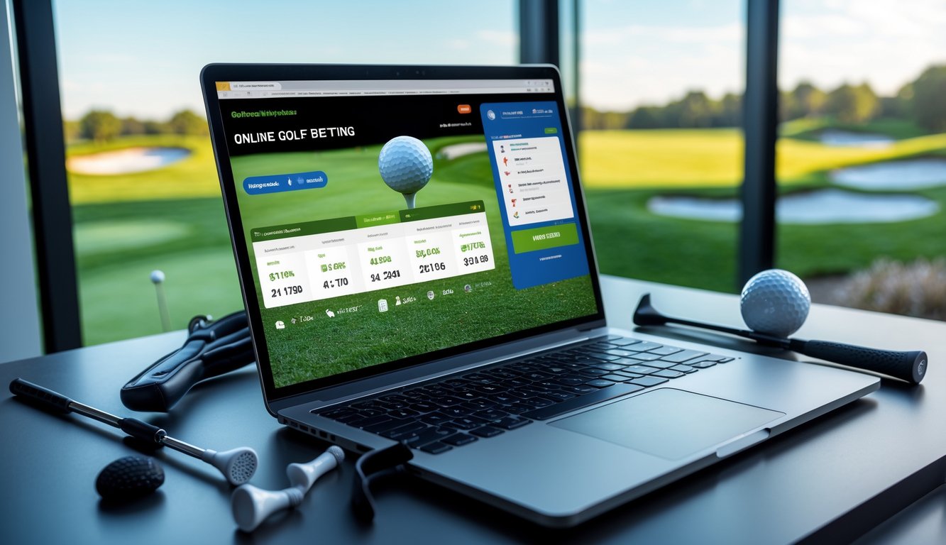 Sebuah ruang kerja modern dengan laptop yang menampilkan situs taruhan golf secara langsung, dikelilingi oleh perlengkapan golf dan latar belakang lapangan golf hijau.
