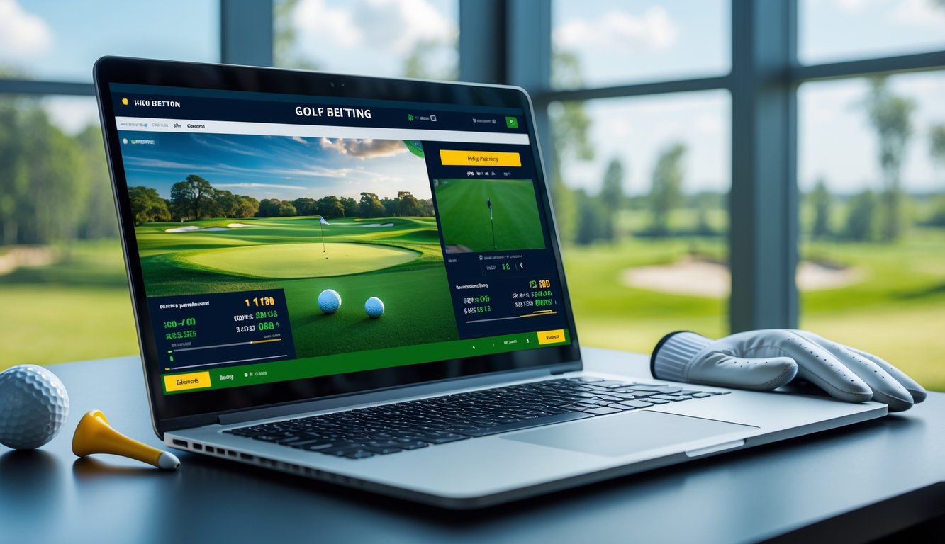Seorang profesional menggunakan laptop dengan tampilan taruhan golf langsung, dikelilingi oleh perlengkapan golf di meja kerja dengan latar belakang lapangan golf.