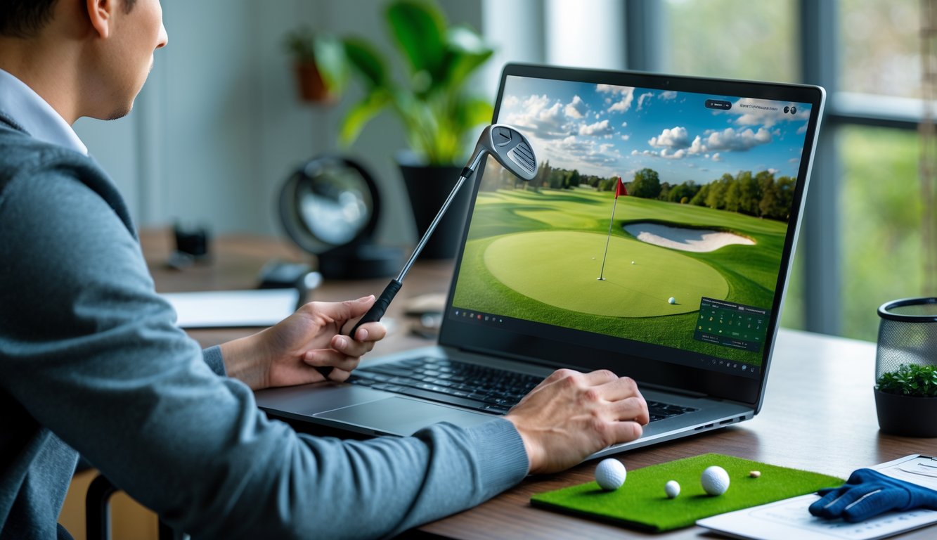 Seorang pemula bermain golf di dalam ruangan dengan laptop dan perlengkapan golf di meja.