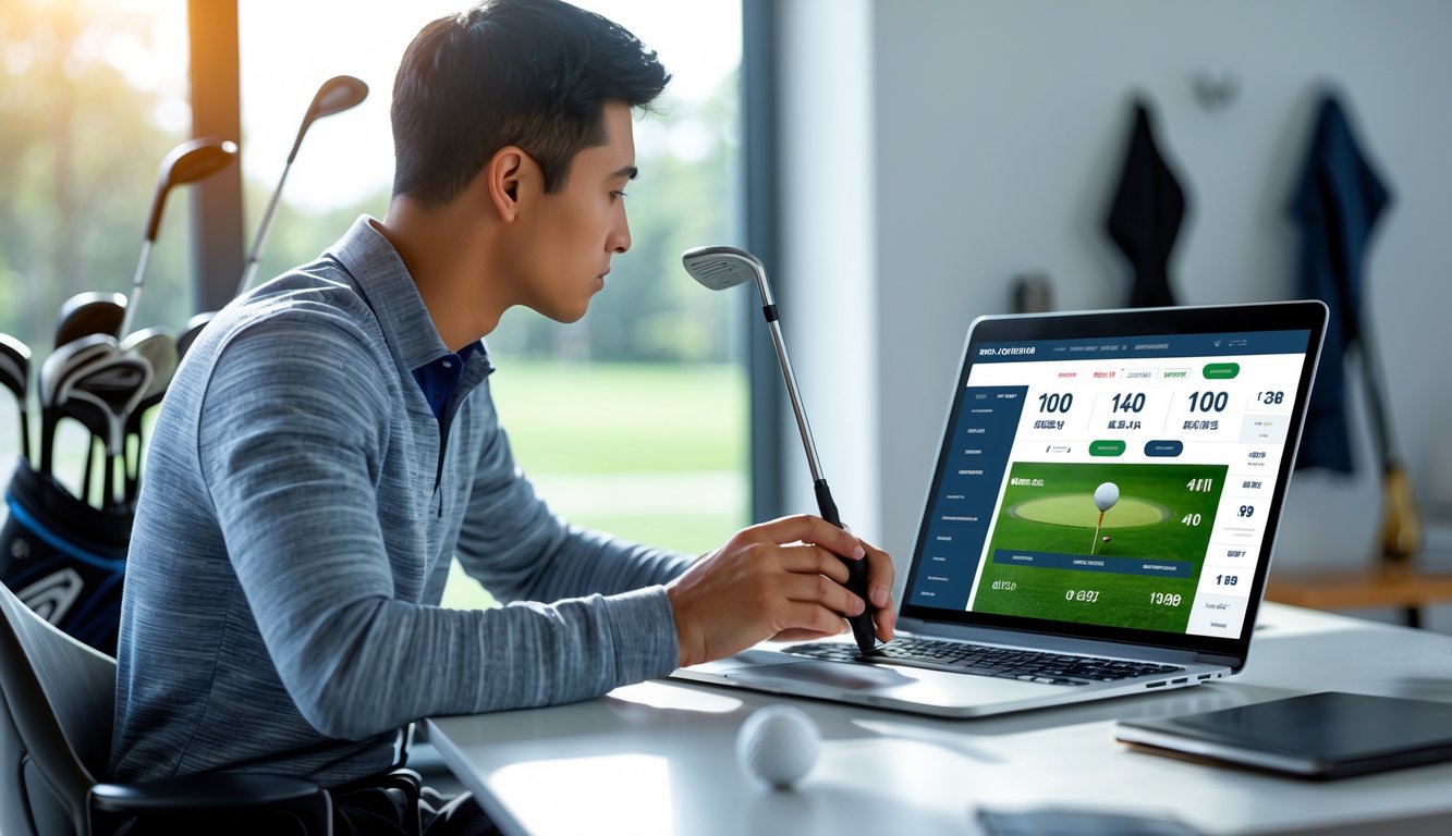 Seseorang sedang belajar taruhan golf online dengan laptop dan peralatan golf di meja dalam ruangan terang.