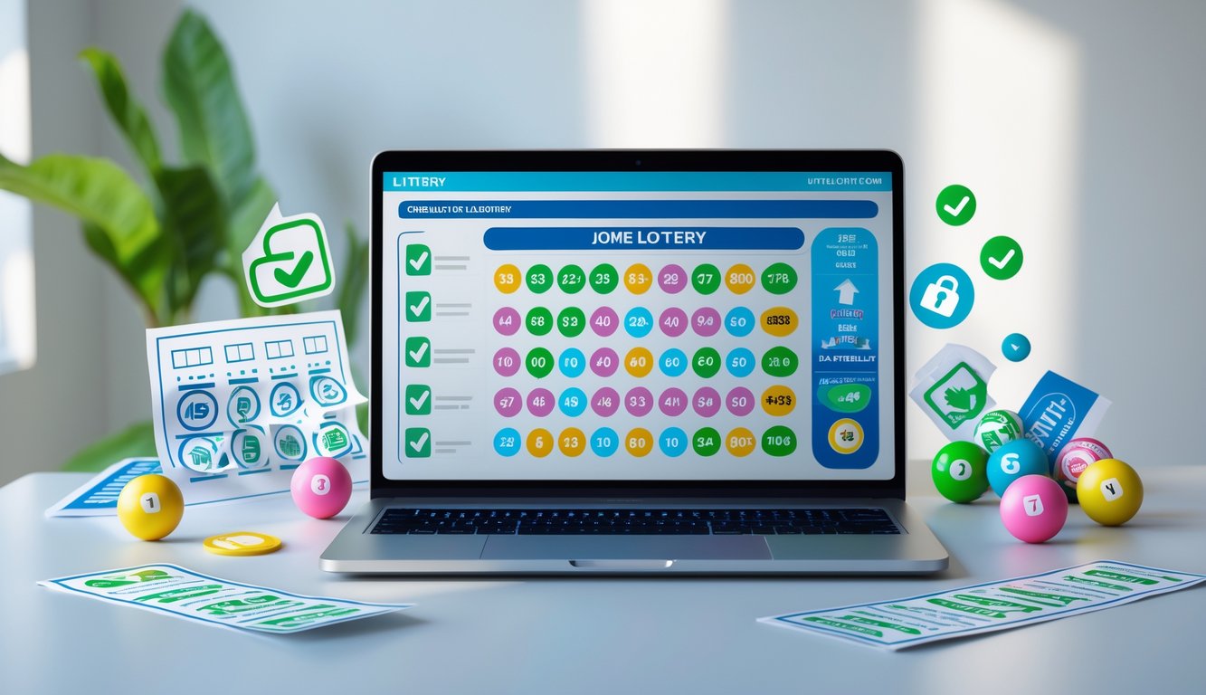 Seorang pria menggunakan laptop dengan tampilan antarmuka lotre digital di meja yang rapi, dikelilingi oleh elemen-elemen yang melambangkan kepercayaan dan kelengkapan.