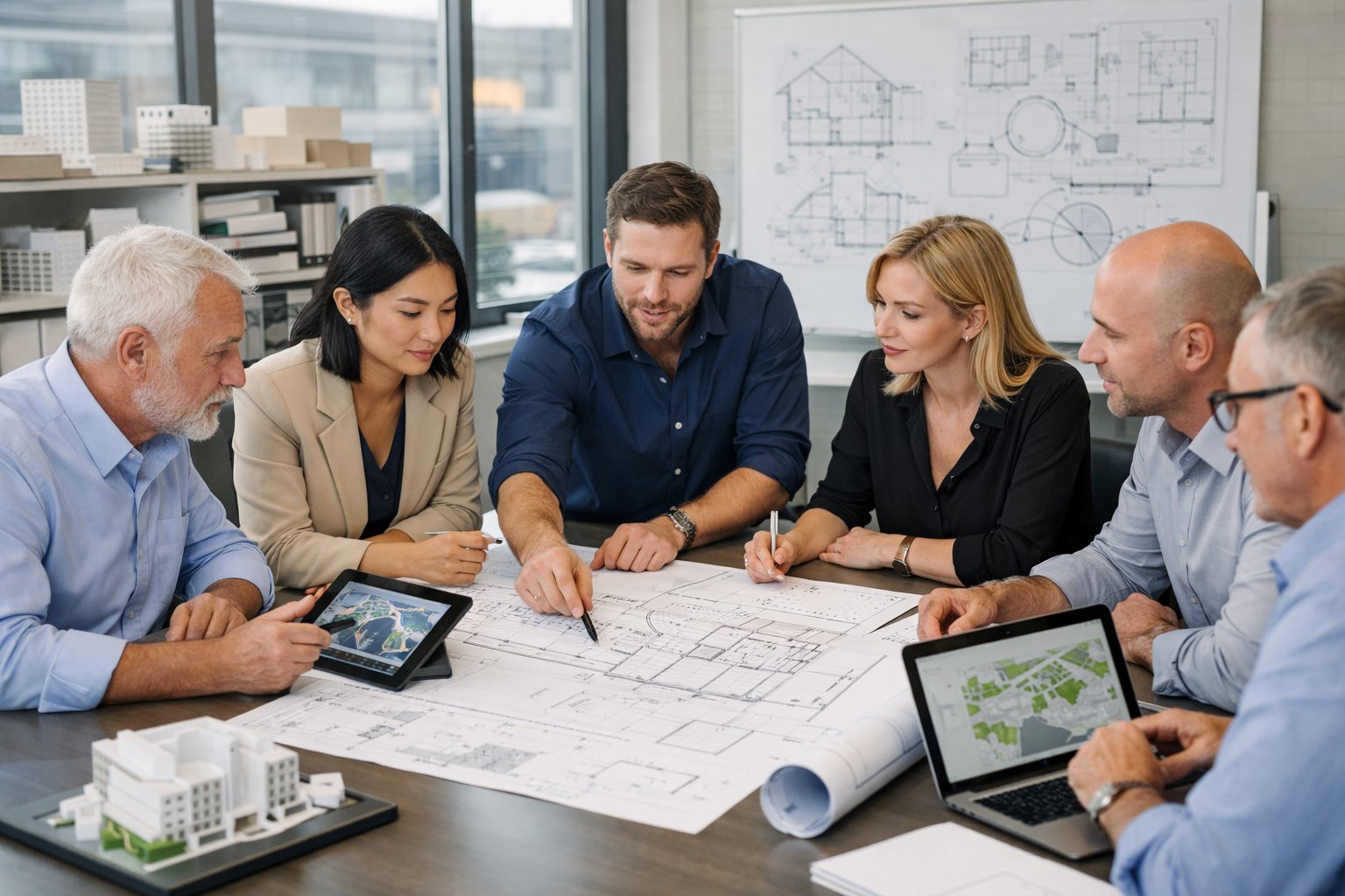 Un groupe de professionnels en réunion autour d'une table, discutant de plans et de projets dans un bureau lumineux et organisé.