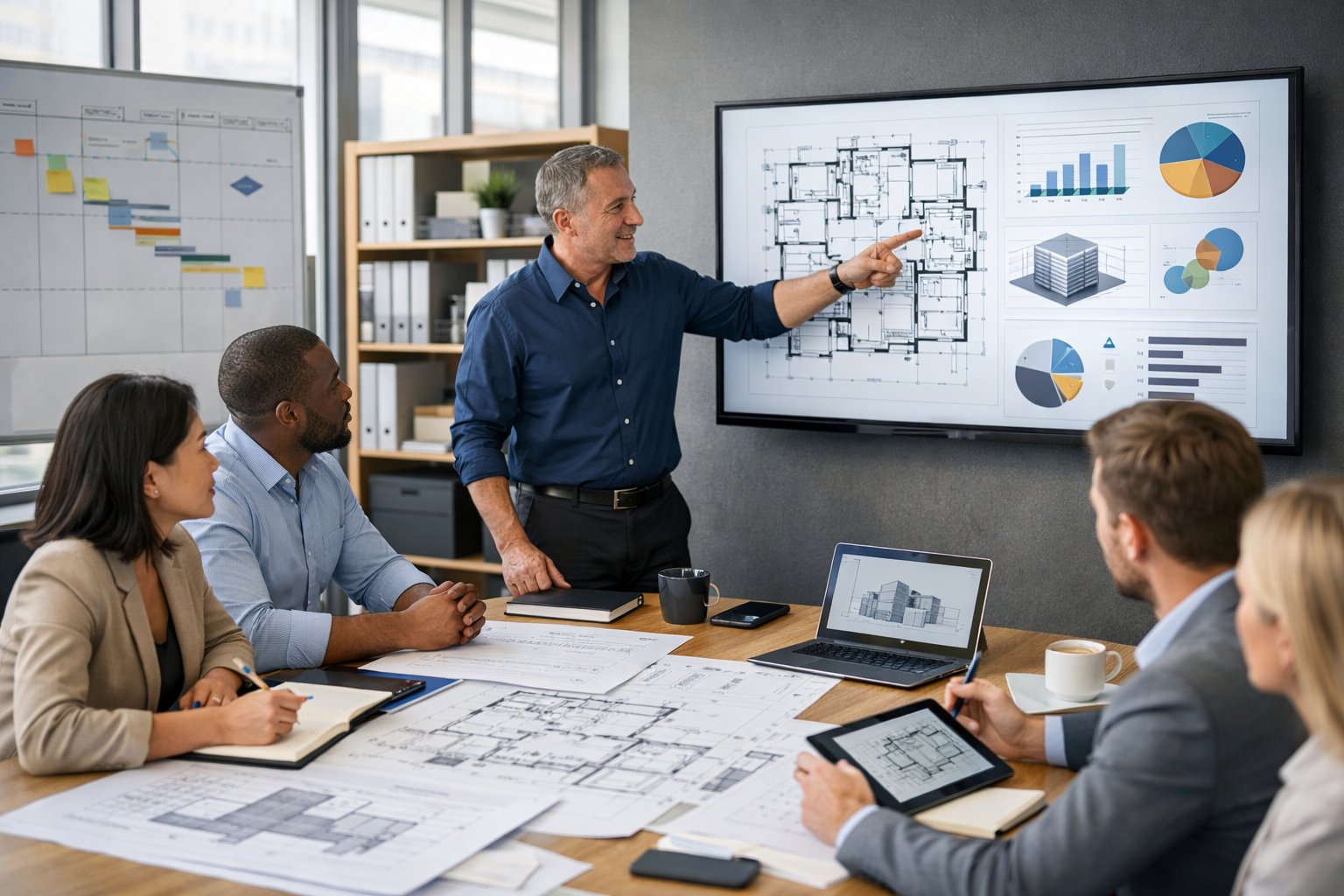 Un groupe de professionnels en réunion autour d'une table avec des plans et des ordinateurs dans un bureau lumineux.