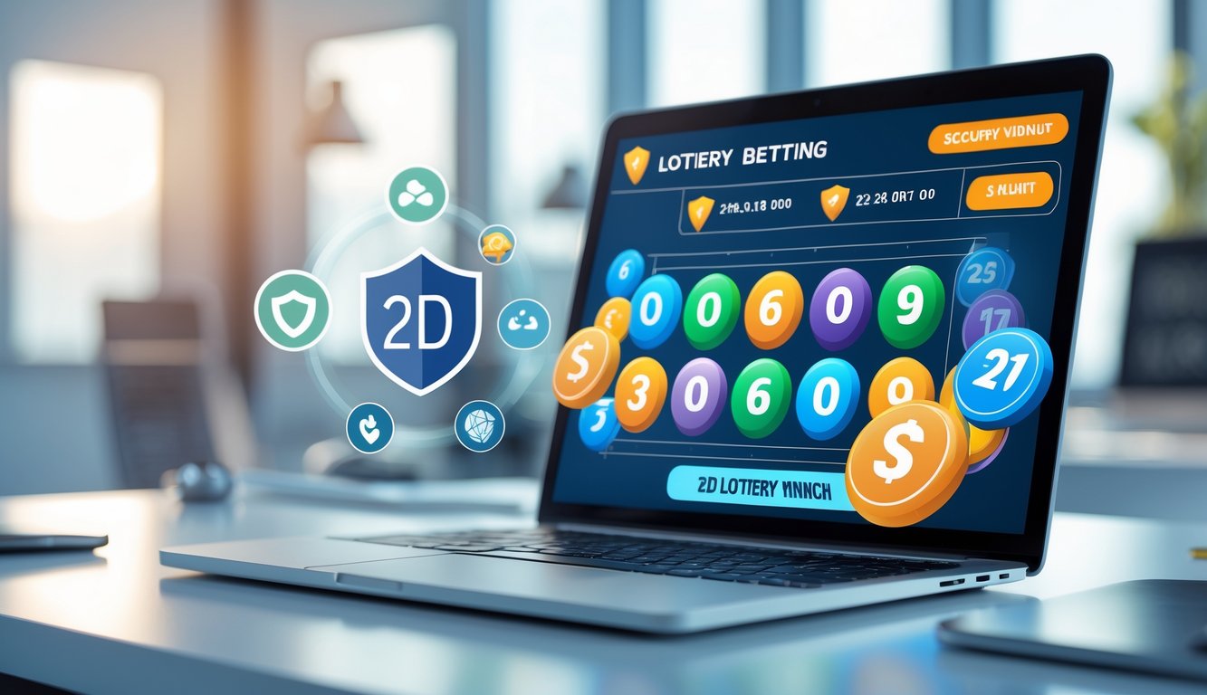 Seorang pria menggunakan laptop di meja kerja dengan tampilan antarmuka lotre digital dan simbol keamanan di latar belakang.