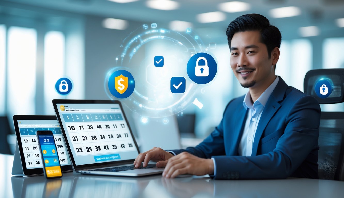 Seorang pria Asia duduk di depan laptop dan ponsel dengan tampilan angka togel, di ruang kantor modern yang menunjukkan suasana aman dan profesional.