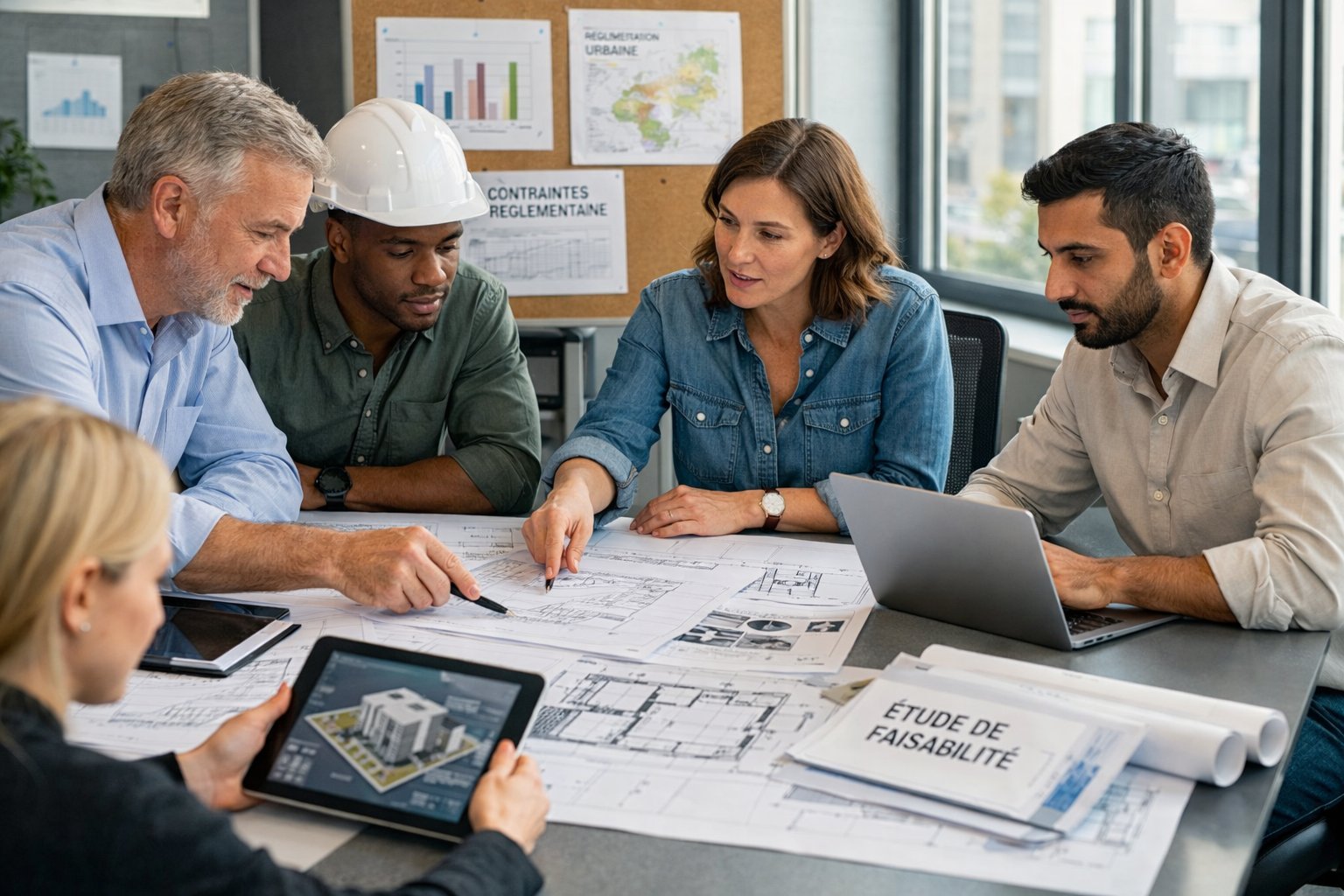Une équipe de professionnels autour d'une table examinant des plans et discutant dans un bureau lumineux.