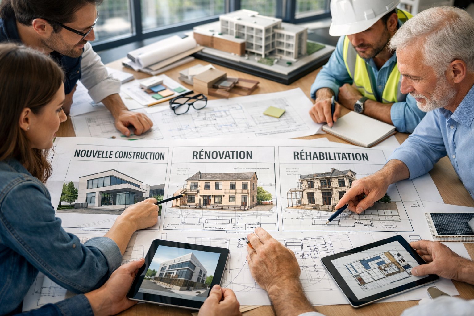 Des architectes et ingénieurs discutent autour d'une table avec des plans et maquettes de projets de construction, rénovation et réhabilitation.
